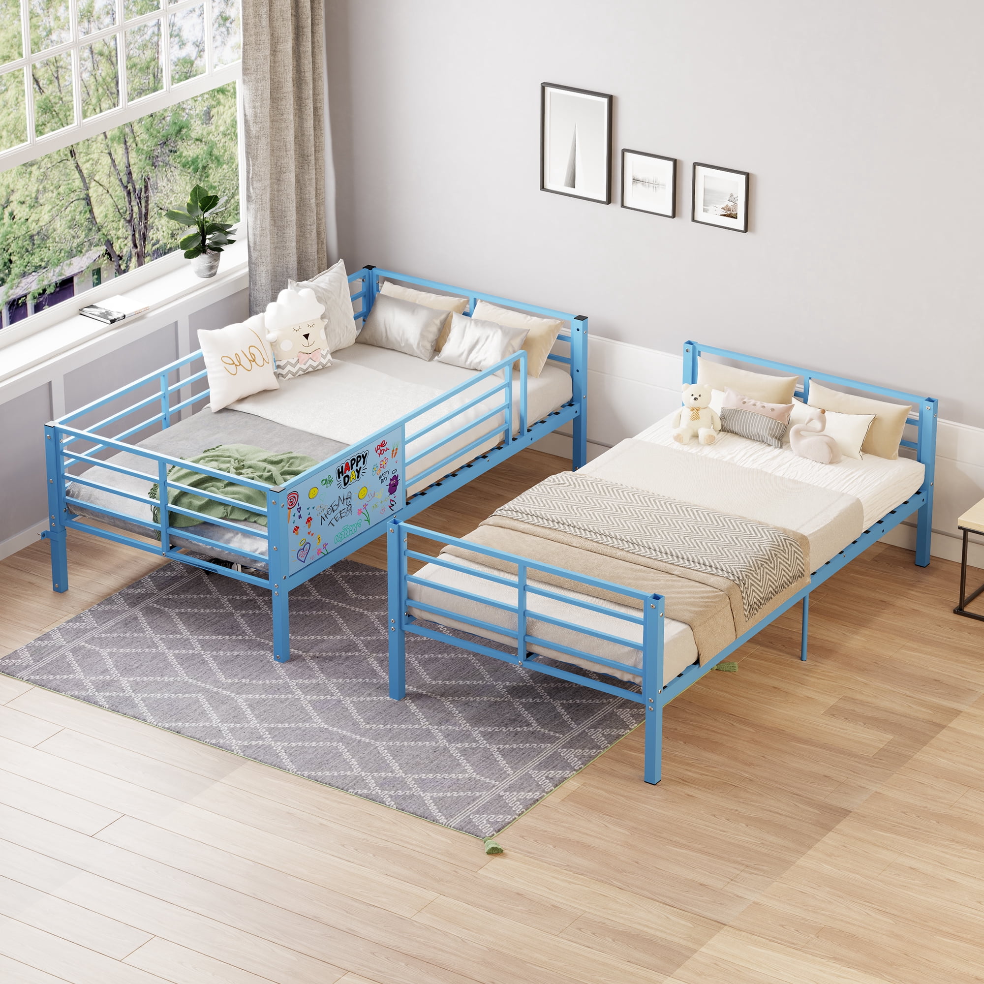 Convertible Metal Bunk Bed Separates into 2 Full Size Beds, Heavy Duty Frame with Full-Length Guardrail and Ladder, No Box Spring Needed, Blue
