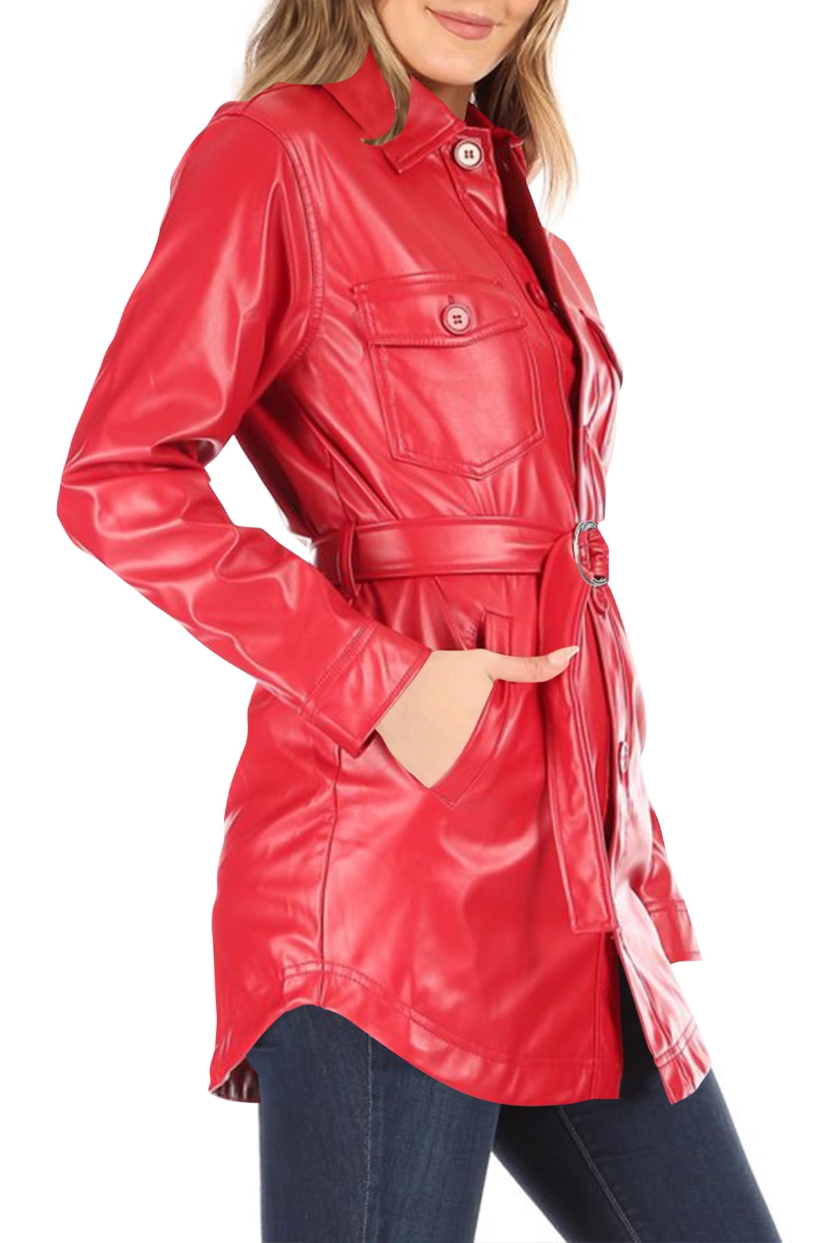 Women's Long Sleeve Button Front Waist Belted Faux Leather Coat Jacket