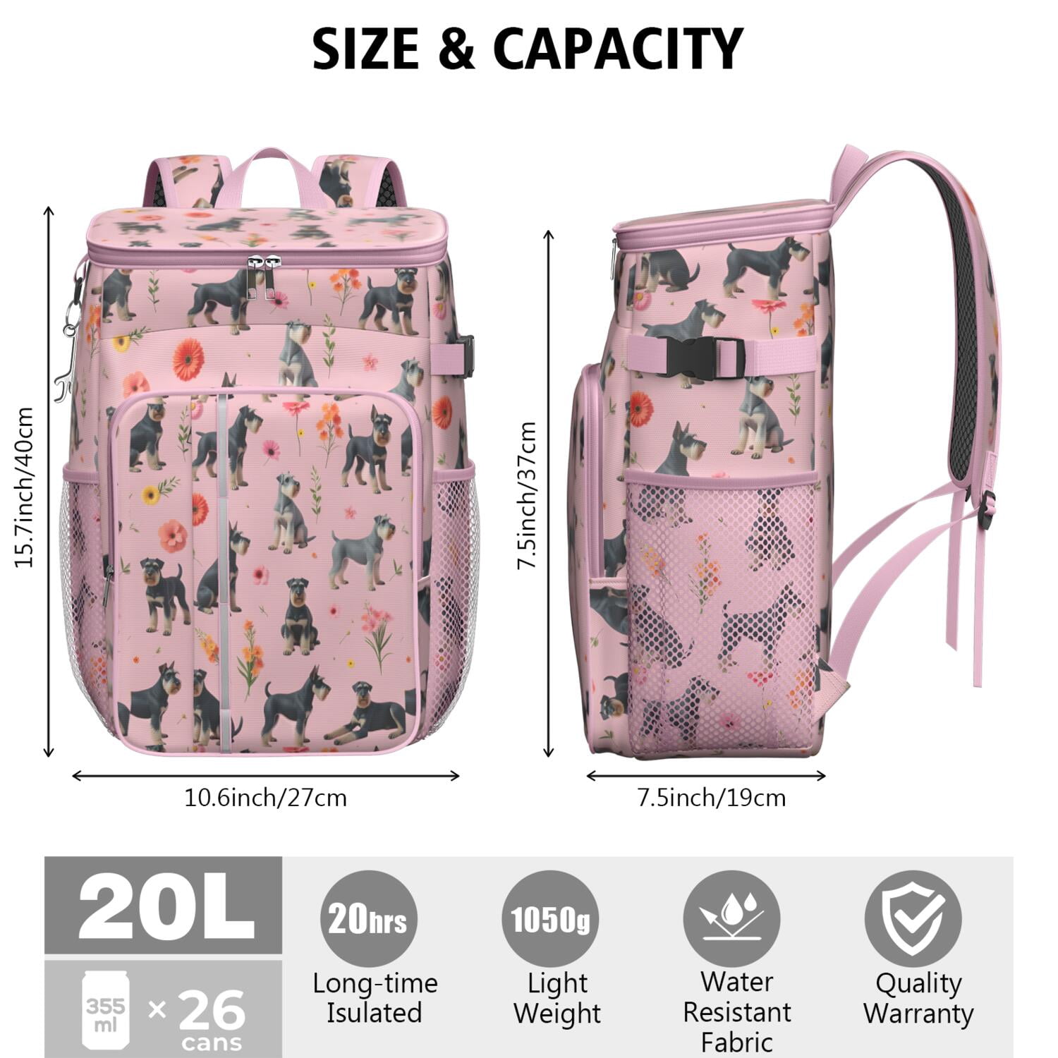 Travel Cooler Bag - Schnauzer Dogs and Flowers Camping Beer Cooler Backpack with Bottle Opener- Waterproof Insulated Picnic Backpacks - Cooler Bag for Beach