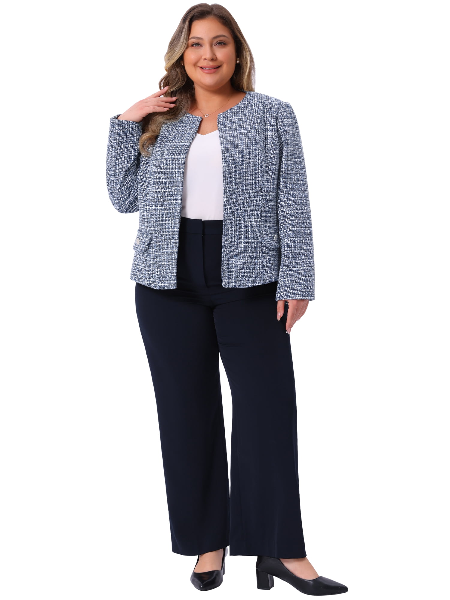 DARING DIVA Women's Plus Size Blazer Collarless Long Sleeve Open Front Jacket 3X Blue