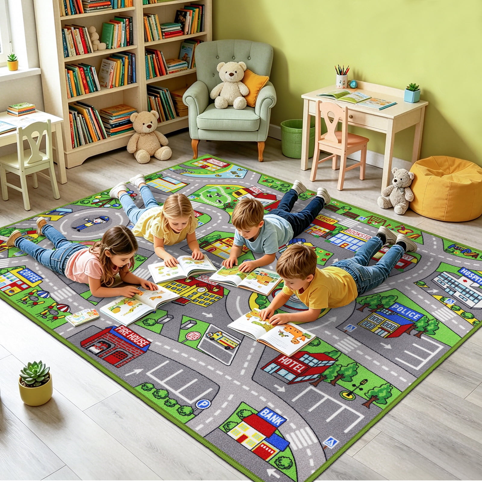 ORGOWEL Kids Carpet Playmat Area Rug Car Mat Play Rug for Playroom Educational Car Mat Machine Washable Non-Slip Kids Rug for Bedroom, Living Room,59"x78.7",Green