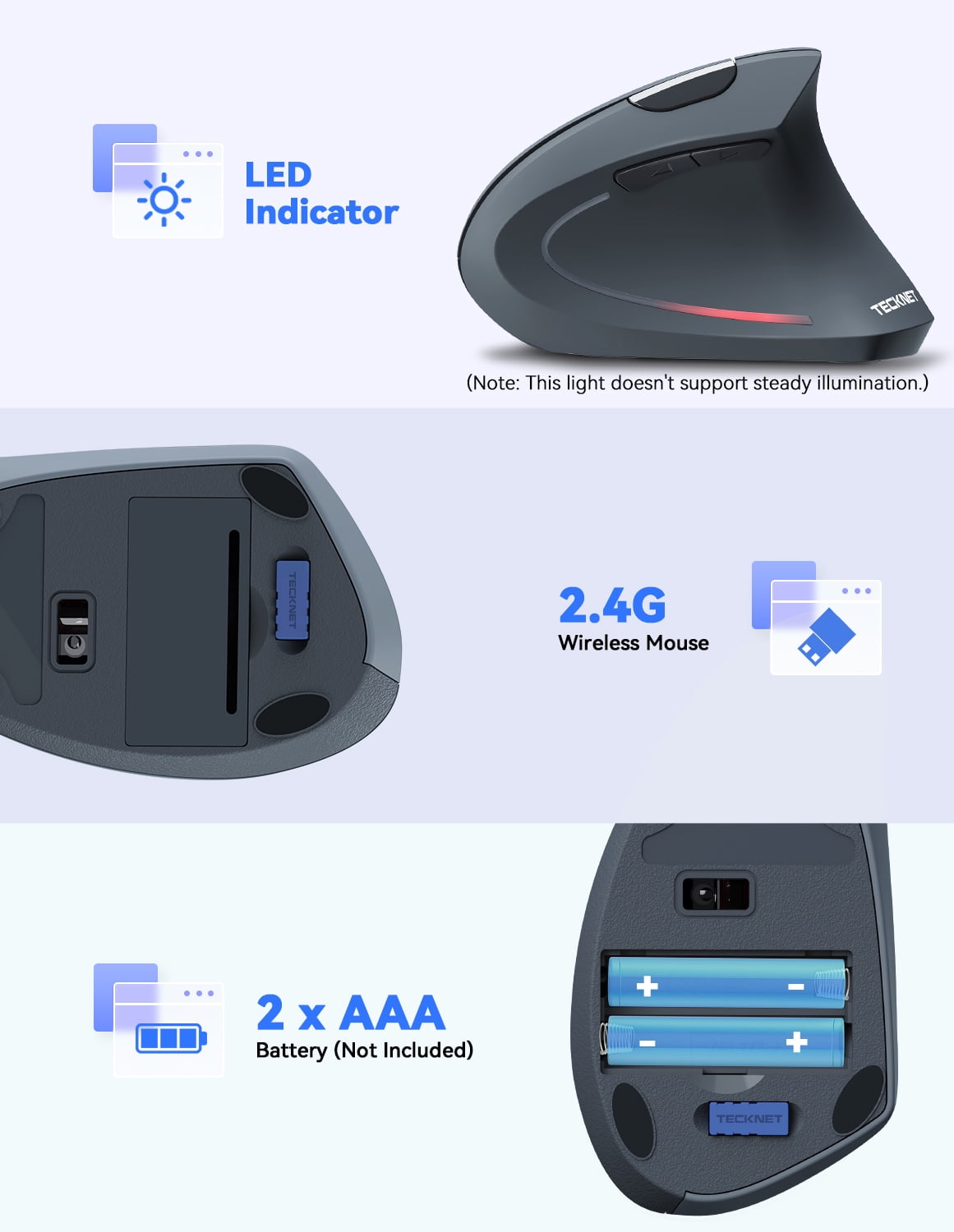 TECKNET Ergonomic Mouse, 4800 DPI Silent Mouse 5 Adjustable DPI, Wireless Mouse 2.4G Vertical Mouse 6 Buttons Computer Mouse Wide Compatibility (Grey)