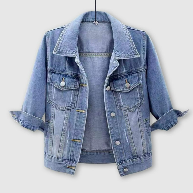 Mnjin Women s 3 4 Sleeve Washed Plus Size Denim Jacket Short Lightweight Jean Jacket Coat with Pockets Blue 2 Size 2XL Walmart