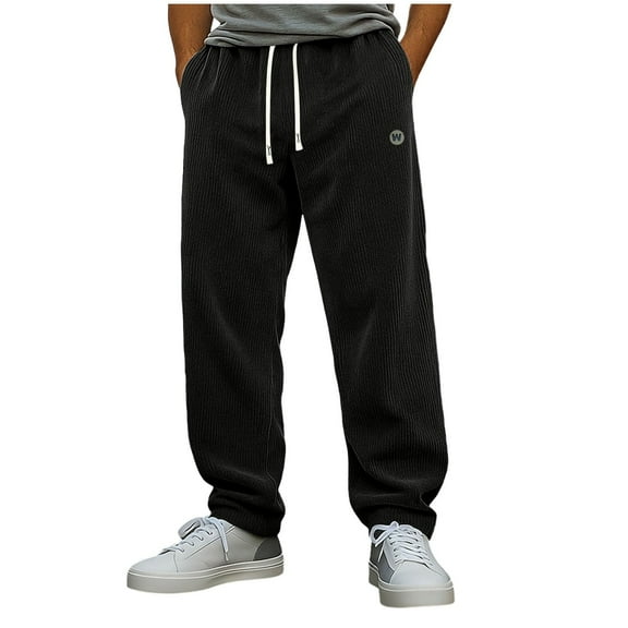 GuangCheng Mens Corduroy Jogger Pants,Elastic Drawstring,Side Pocket,Lounge Warm Pajamas Trousers for Fall Winter,Black,Size L