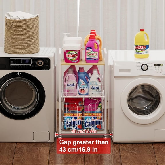 3 Tier Laundry Room Cart with Pull-Out Baskets, Utility Cart Rolling Storage Cart with Wheels Bathroom Organizers Storage Shelf with Wood Top Laundry Room Organization and Storage, White