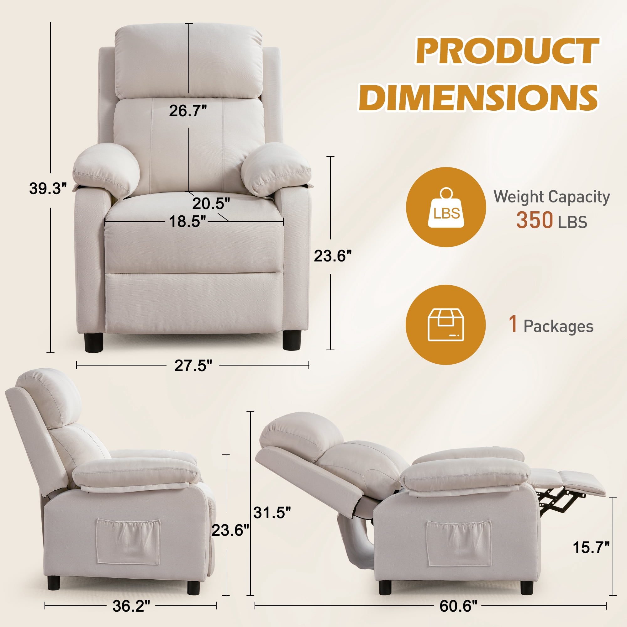 Korser Manual Push Back Recliner Chair with Side Pockets,Recliner Chairs for Adults for Living Room,Small Recliners for Small Spaces,Linen,Beige