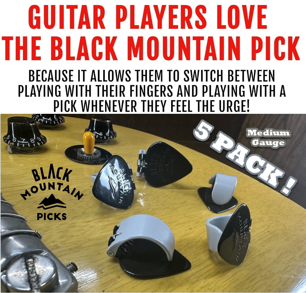 BLACK MOUNTAIN Medium Gauge Thumb Picks (5 Pack) for Acoustic Guitar Electric Guitar Ukulele Banjo and More Spring Loaded Right Handed for Medium to XL Thumbs Premium Finger Picks