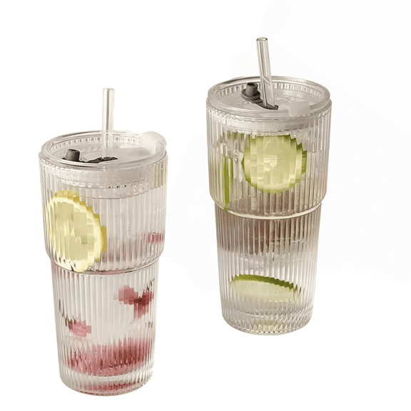 600ML Stripe Glass Coffee Cup With Lid and Without Cover Straw Transparent Drinking Glasses for Juice Iced Coffee Mugs