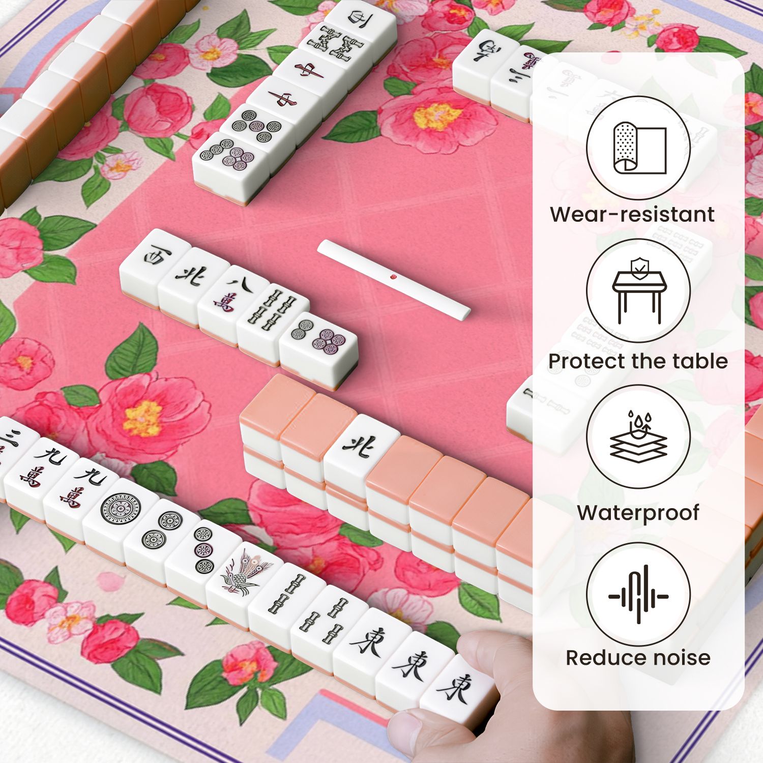 Mahjong Mat 31.5" x 31.5" Floral Pink Camellia Bouquet Soft Pastel Accents Anti-Slip and Noise Reduction Symmetry Design Mahjong Tiles Table Cover for Dominoes Poker Card Board and Tile Games
