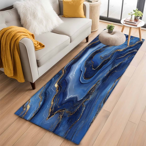 2'x6' Rug Runners for Hallways Kitchen, Navy Blue Marble Non Slip Entryway Beside Floor Carpet Runner, Contemporary Ink Painting Abstract Washable Laundry Room Bedroom Throw Rugs Mat for Family Pet