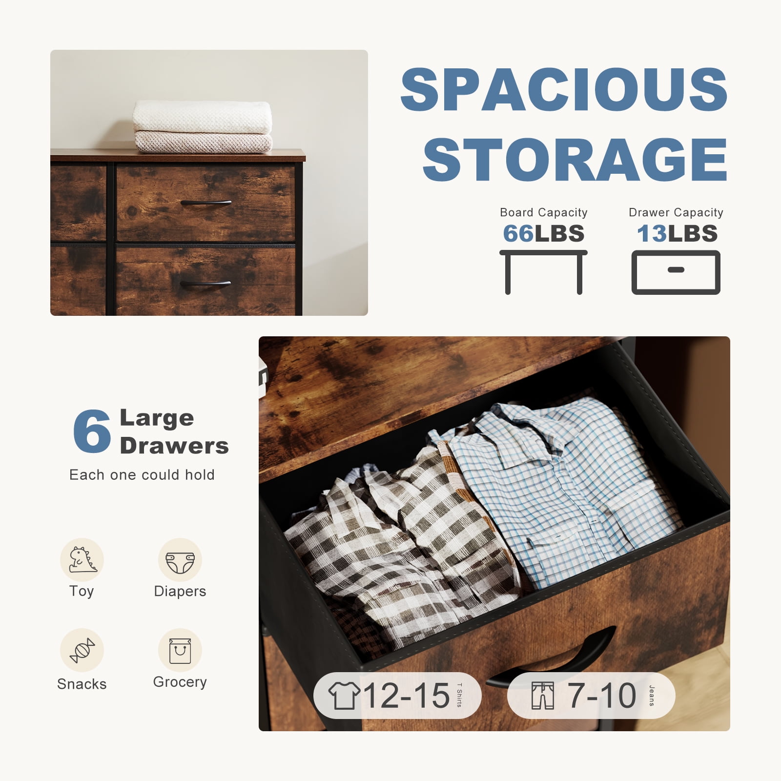 Gianna Chest of Dresser with 6 Spacious Fabric Drawers, Effortless Organization, Rustic Brown