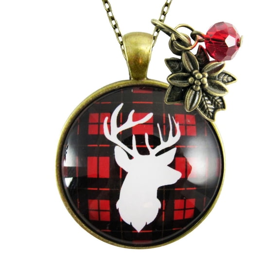 Deer Necklace Antlers Hunter Plaid Holiday Gift Gutsy Goodness Adult Female Bronze Metal