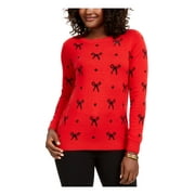 CHARTER CLUB Womens Red Embellished Ribbed Long Sleeve Crew Neck Sweater Petites PM
