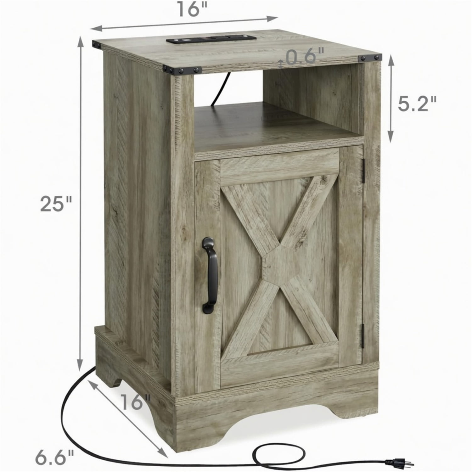 Hommoo 16"W Farmhouse Nightstand Sofa Side Table with Charging Station & Shelf Storage, Light Gray