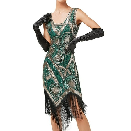 

Women Vintage Dress Sexy Sleeveless Dress Retro Sequin Beaded V-Neck Tassels Party Night Gown Dress