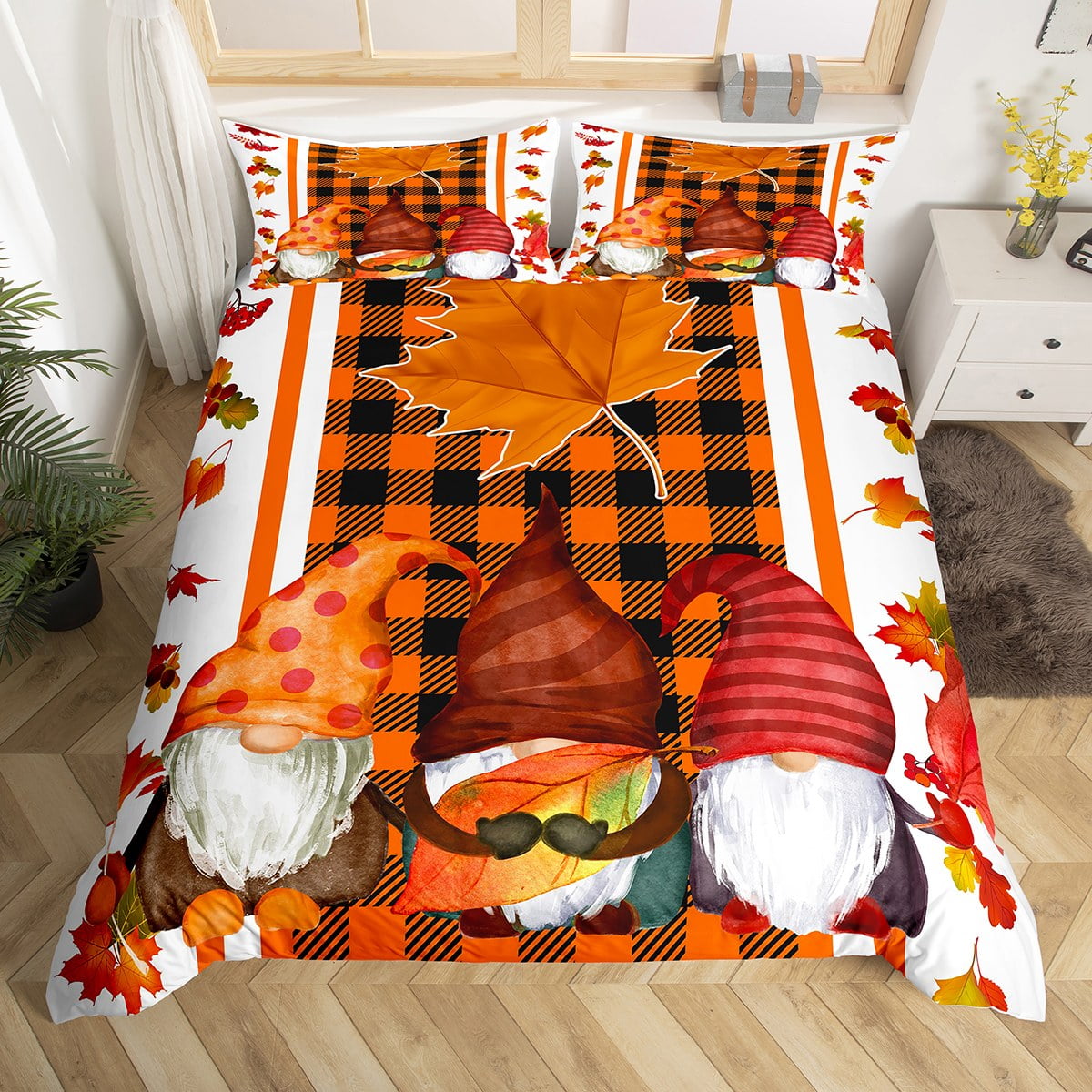 Fall Gnome Comforter Cover Autumn Maple Leaves Duvet Cover for Women
