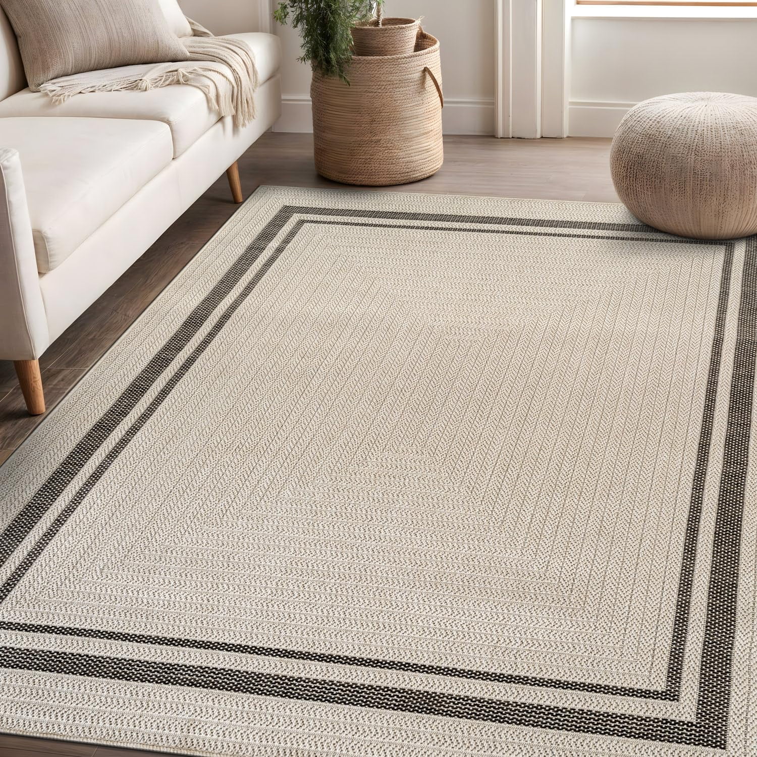Beverly Rug Easy Jute Outdoor Indoor Non Shedding Easy-Cleaning Rug Bordered Off-White 4x6