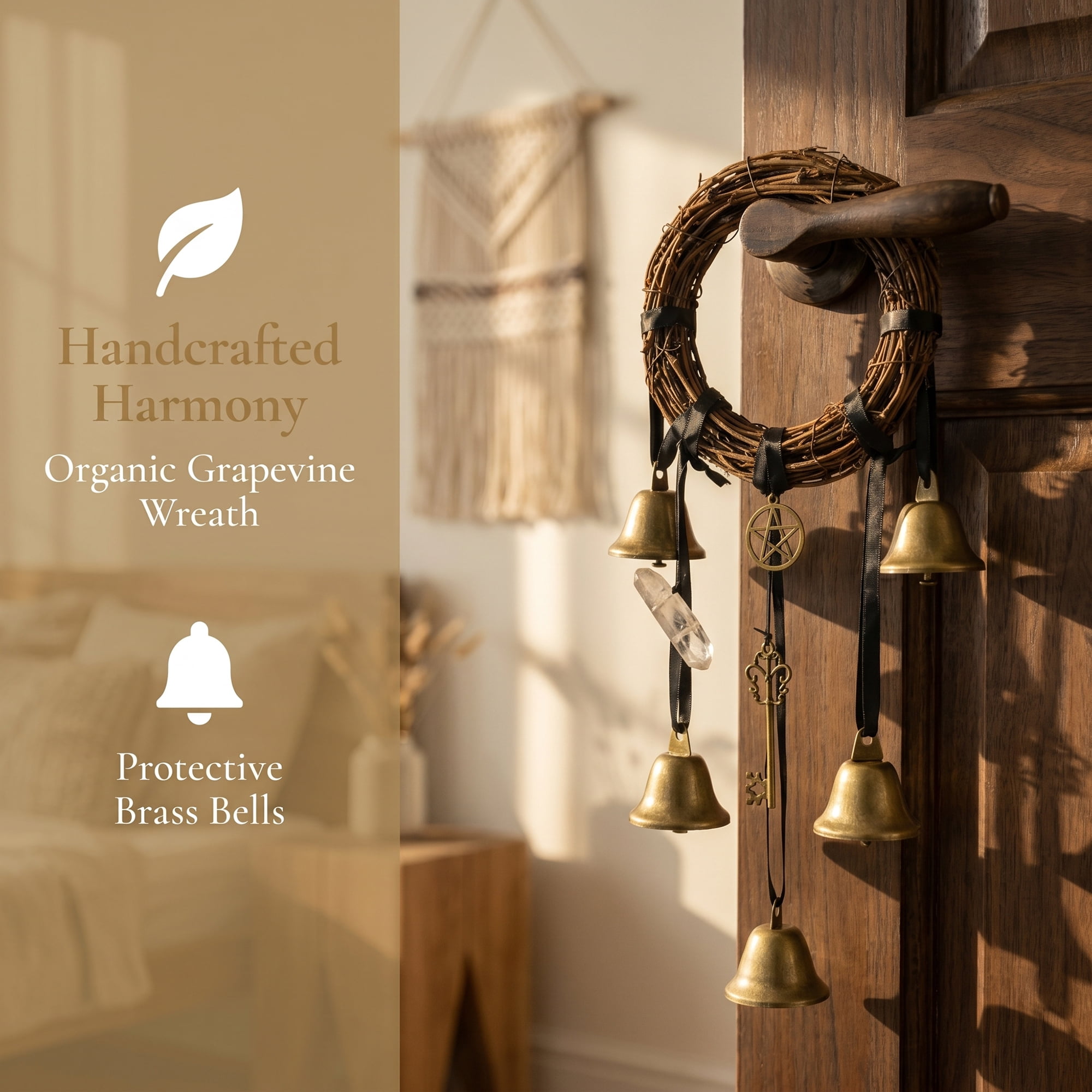 Unique Bargains Rattan Wreath Knob Protection Bells Bronze Black Rope 3.5" x 2.4" x 12.2"