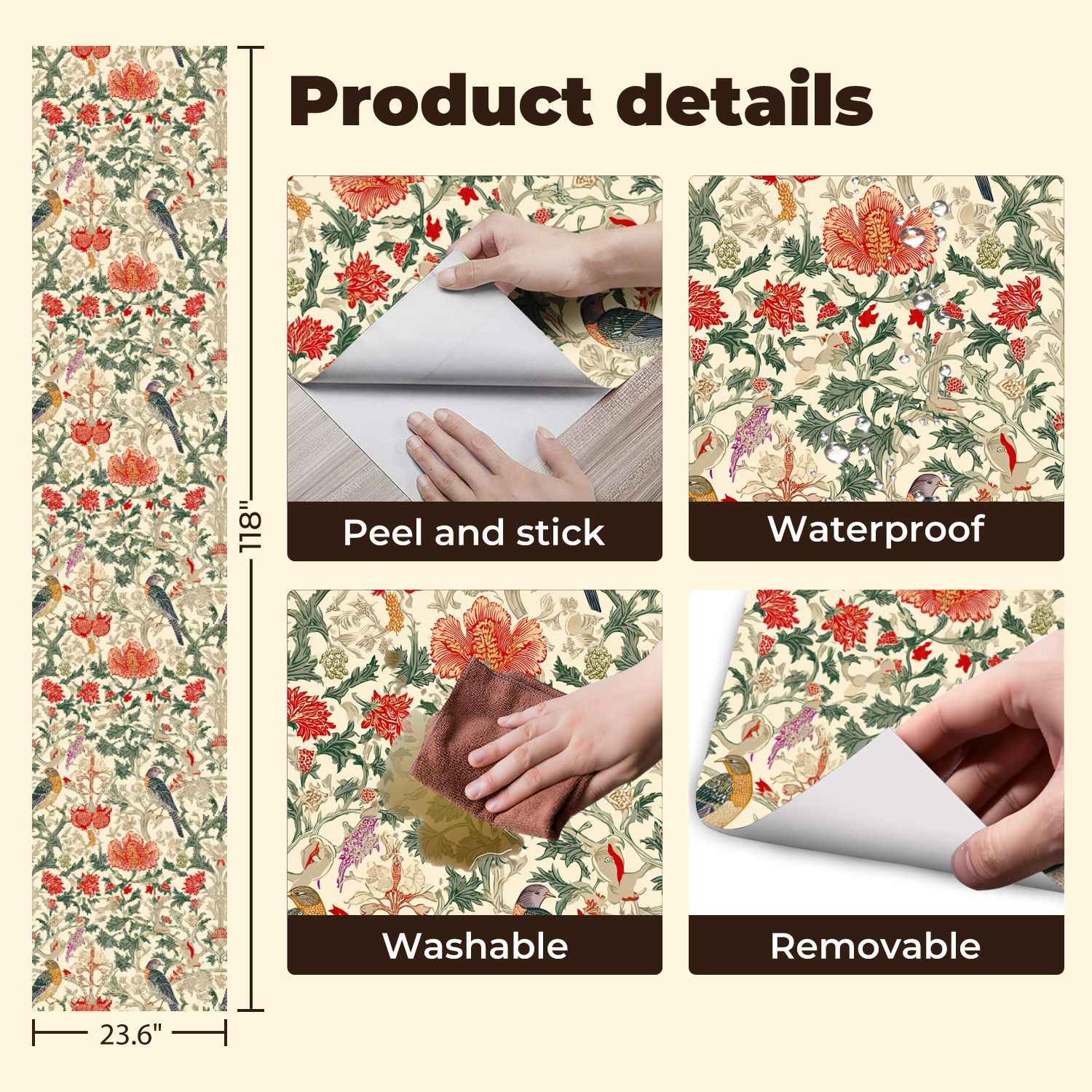 Farmhouse Peel and Stick Wallpaper Vintage Botanical Birds Red Flowers Arts Crafts Wall Mural 23.6in x 9.8ft Self Adhesive Removable Wall Paper Renter Friendly Wallpaper for Bedroom Cabinets