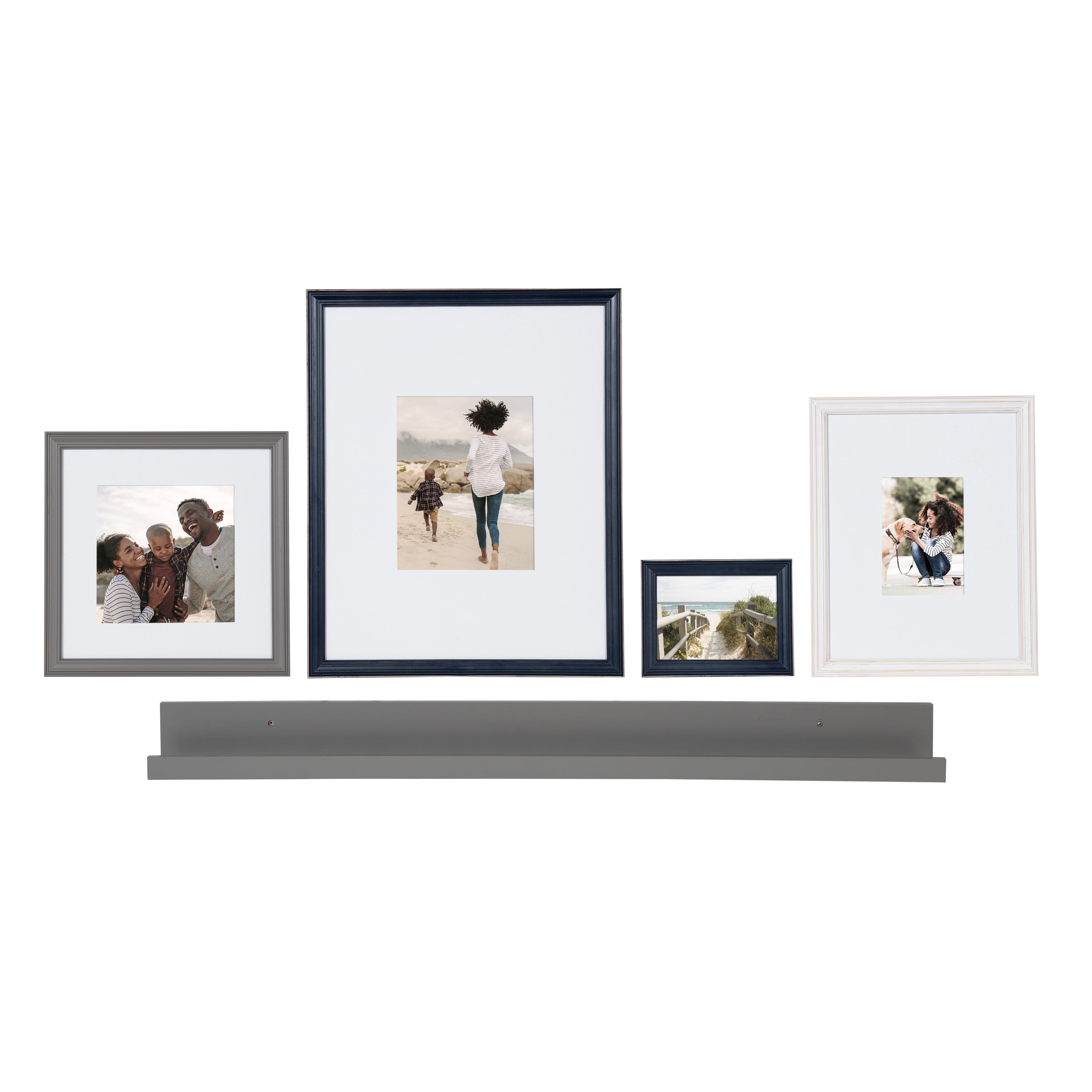 Kate and Laurel Bordeaux Gallery Wall Frame and Shelf Kit, Set of 5, Multiple Coastal Finishes, Assorted Size Frames and Display Shelf