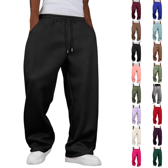 Open Bottom Sweatpants Men Uncuffed Baggy Loose Fit Casual Comfy Stretch Wide Leg Athletic Sweat Pants with Pockets Black S