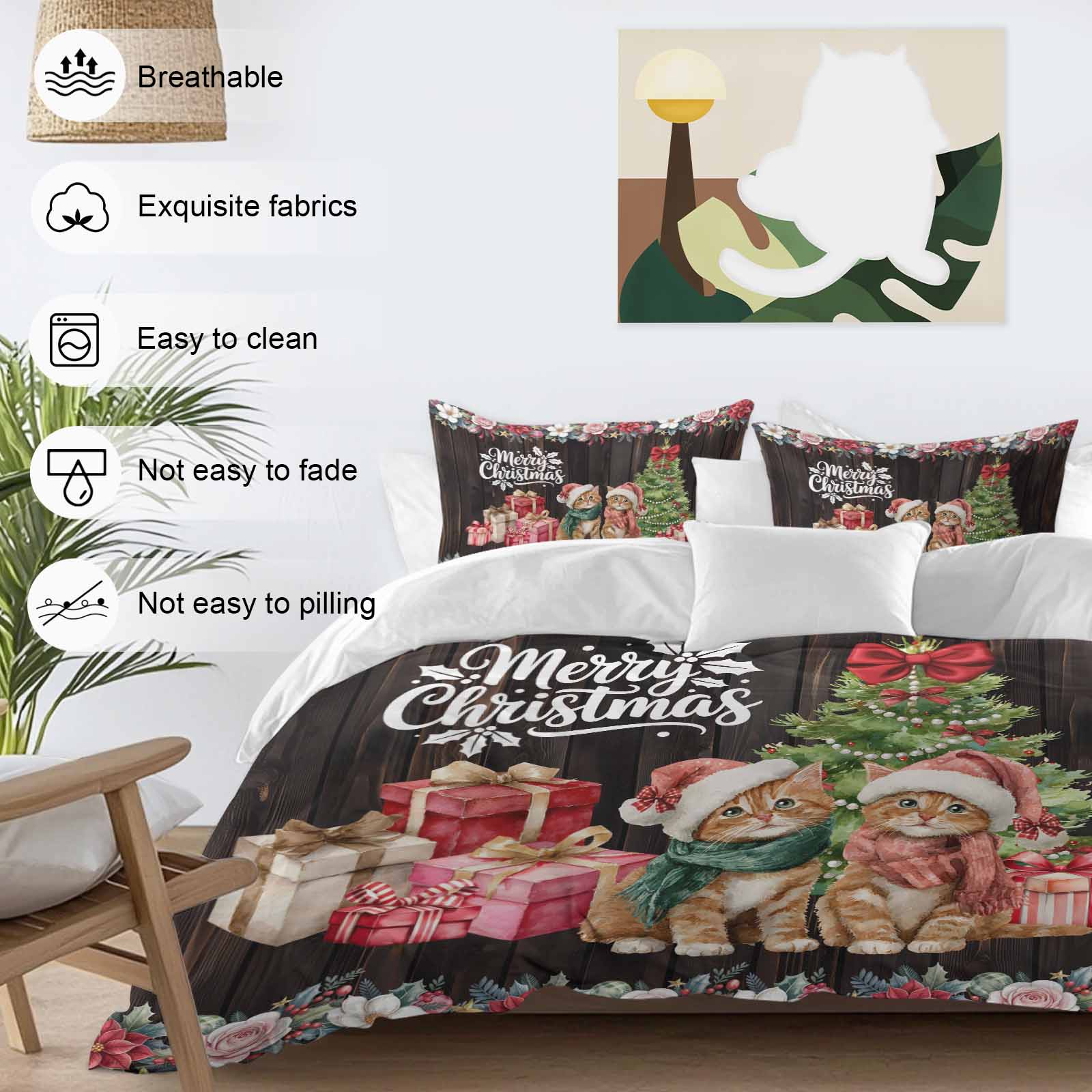 Christmas Bedding Duvet Cover Set Twin Size 4 Pieces Winter Xmas Cats Trees Gifts Flowers Brown Woods Bedding Set with Zipper Closure, 1 Comforter Cover 68x86 Inches 1 Flat Sheet & 2 Pillow Cases
