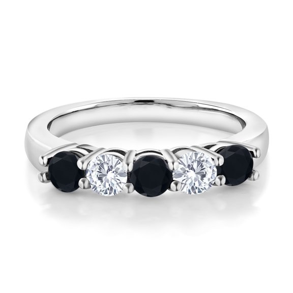 Gem Stone King Black Onyx and White Moissanite 5-Stone Wedding Anniversary Band Ring for Women | 925 Silver | 0.71 Cttw | Gemstone Birthstone | Wedding Engagement Anniversary Promise Ring | Size 9