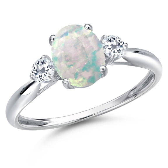 Gem Stone King 10K White Gold Simulated White Opal and White Topaz 3-Stone Ring for Women | 1.28 Cttw | Oval Cabochon 8X6MM | Gemstone October Birthstone | Size 7
