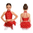 thumbnail image 7 of Choomomo Kids Girls Latin Dance Outfits Sparkly Halter Neck Crop Top with Feather Tassels Skirts Jazz Ballroom Dancewear Red 16, 7 of 7