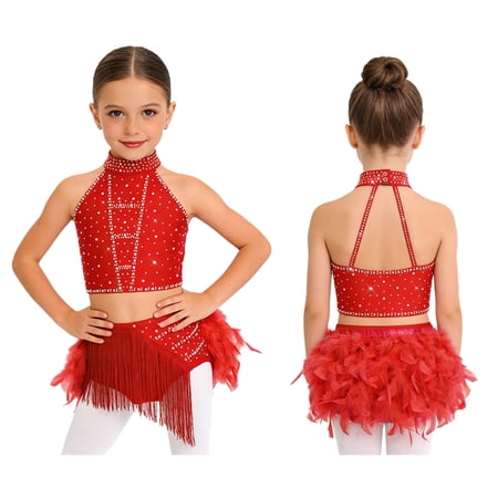 TiaoBug Kids Girls Dance Outfit 2-Piece Rhinestones Crop Top and Feather Tassel Skirt Latin Jazz Dancewear Red 12