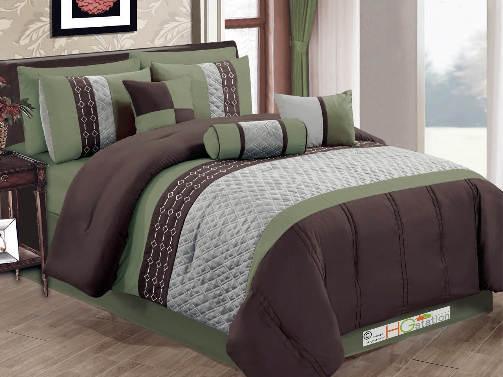 11Pc Quilted Diamond Embroidery Pintuck Striped Comforter Curtain Set