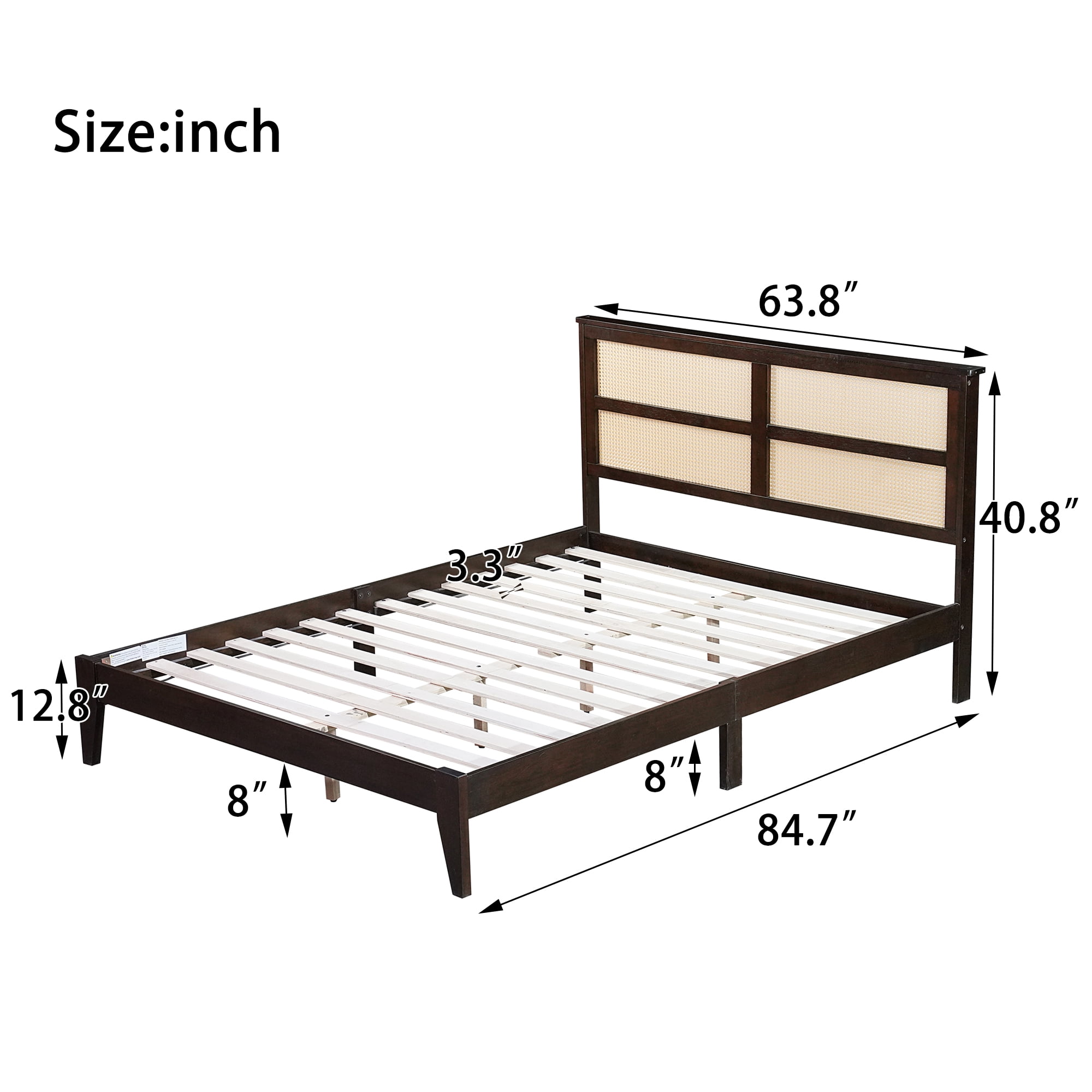 Miniyam Wood Queen Size Bed with with Rattan Headboard for Adult, Espresso