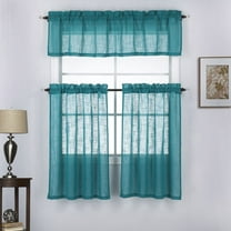 3 Piece Linen Look Rod Pocket Top Kitchen Window Curtain Tier Pair and Valance Set 36 Inch Long, Teal