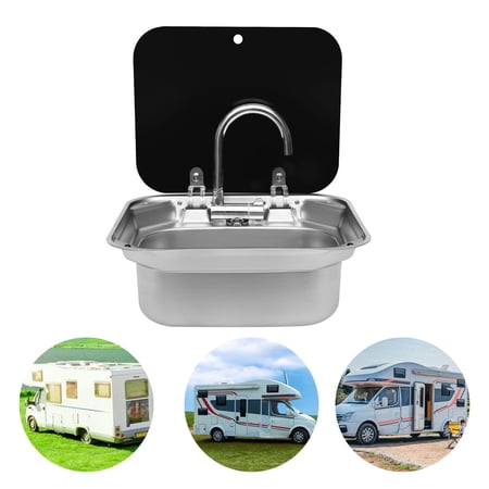TFCFL RV Caravan Camper Boat Stainless Steel Hand Wash Basin Kitchen Sink w/Lid Faucet