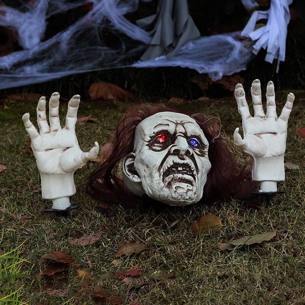 Estacas de esqueleto brillantes para decoración de Halloween, cabeza de mano de calavera de Zombie aterrador para jardín al aire libre, césped, patio, decoración de Casa Encantada