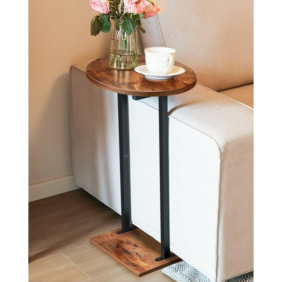 Small Side Table for Small Spaces, 24 inch Wooden Round End Table with Fabric Basket, Wood Accent Table for Couch Sofa Drink Sidetable Living Room Bedroom Rustic