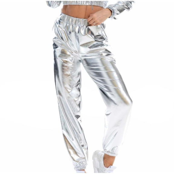 Yuanlook Casual Metallic Jogger Pants for Women Drawstring Waist Streetwear & Clubwear Trousers Size S-XXL