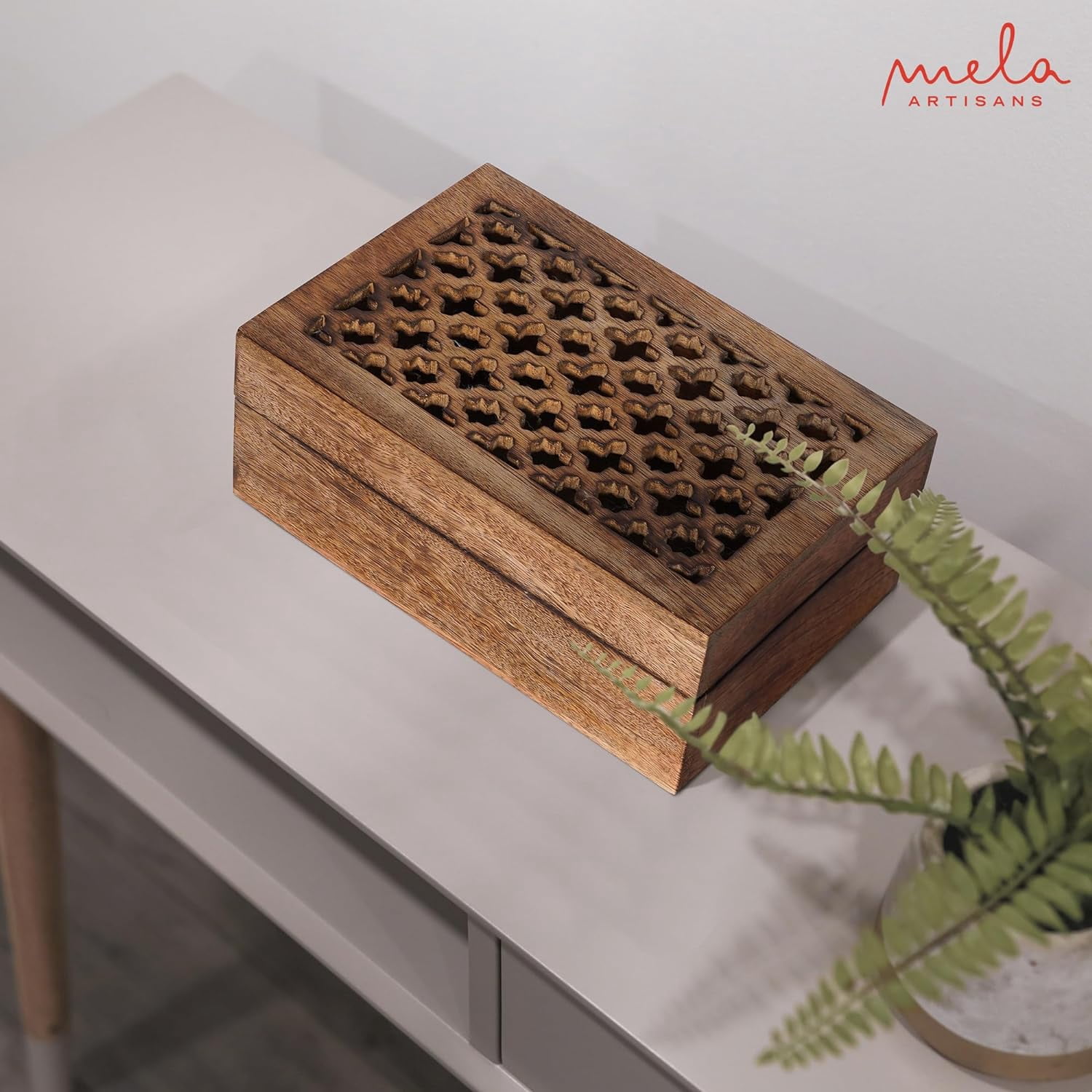Mela Artisan Mango Wood Box with Lid, Handmade Large Keepsake Box, Medium Burnt, 9” x 6” x 3.5”