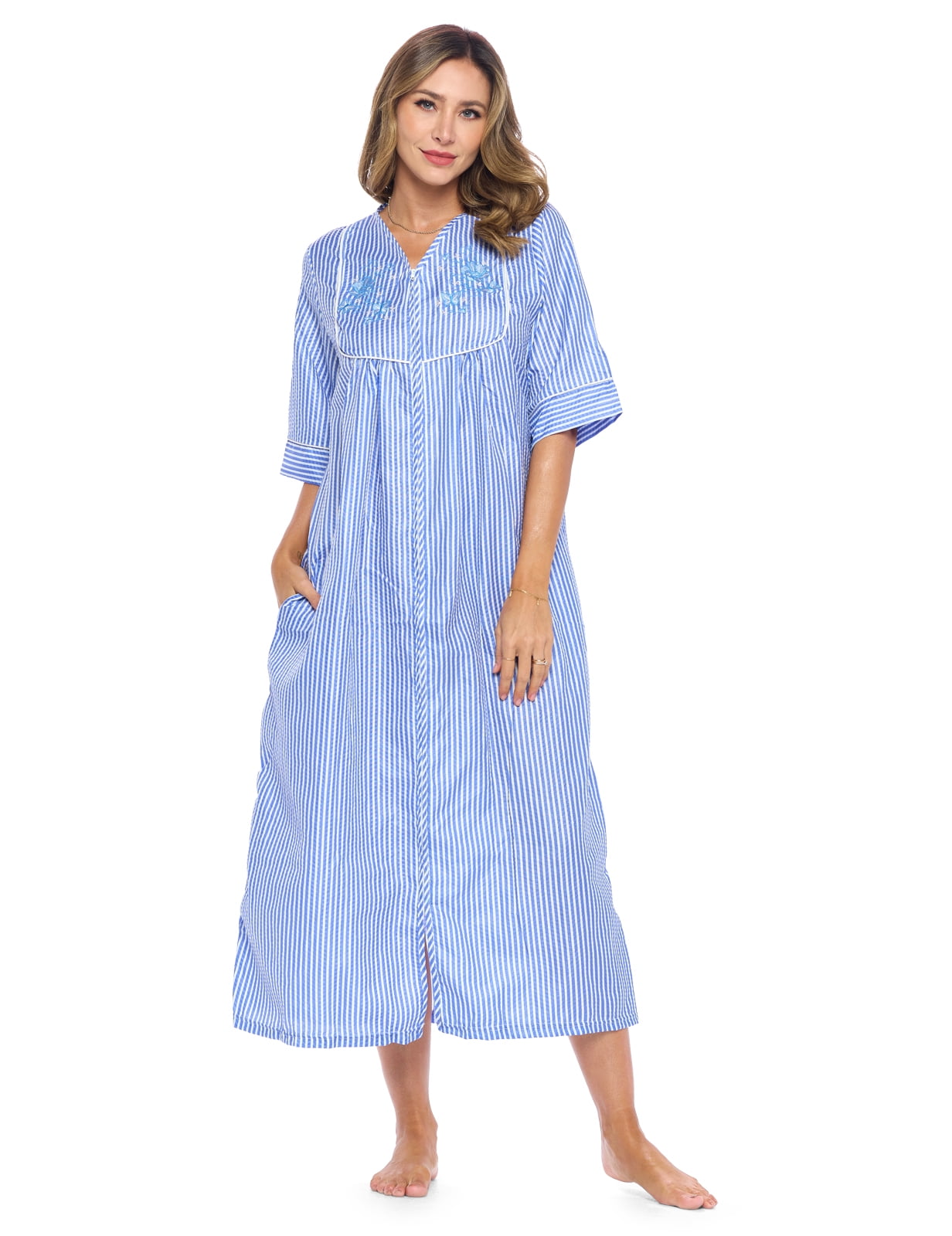3/4 Sleeves Housecoat Long Duster Lounger Casual Nights Women's Zip Front Woven House Dress 