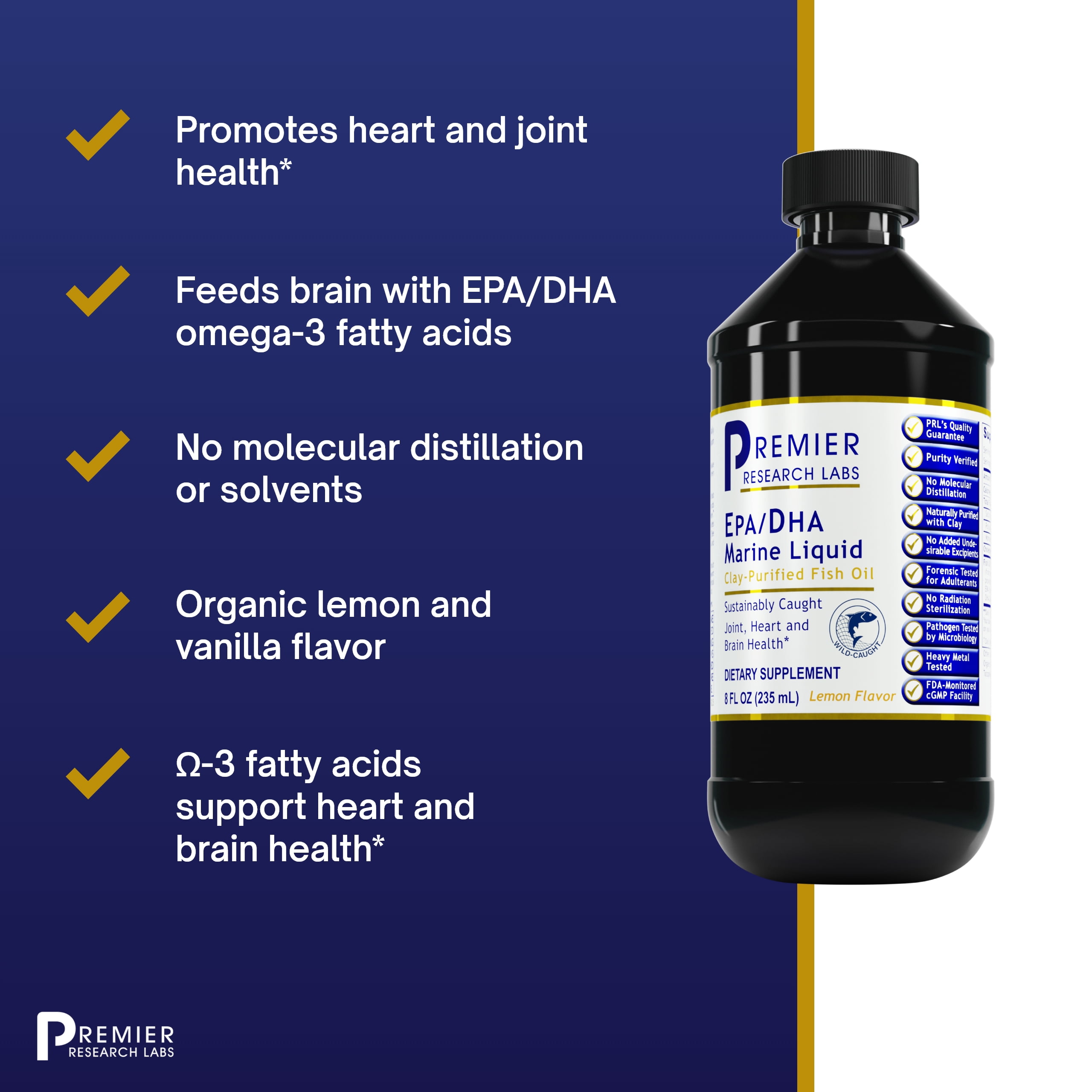 Premier Research Labs EPA/DHA Marine Liquid - Fish Oil Concentrate - Cold Filtration Process - Suitable for Adults & Children - Healthy Heart, Joint & Brain Supplement - 8 Fl oz - Organic Lemon