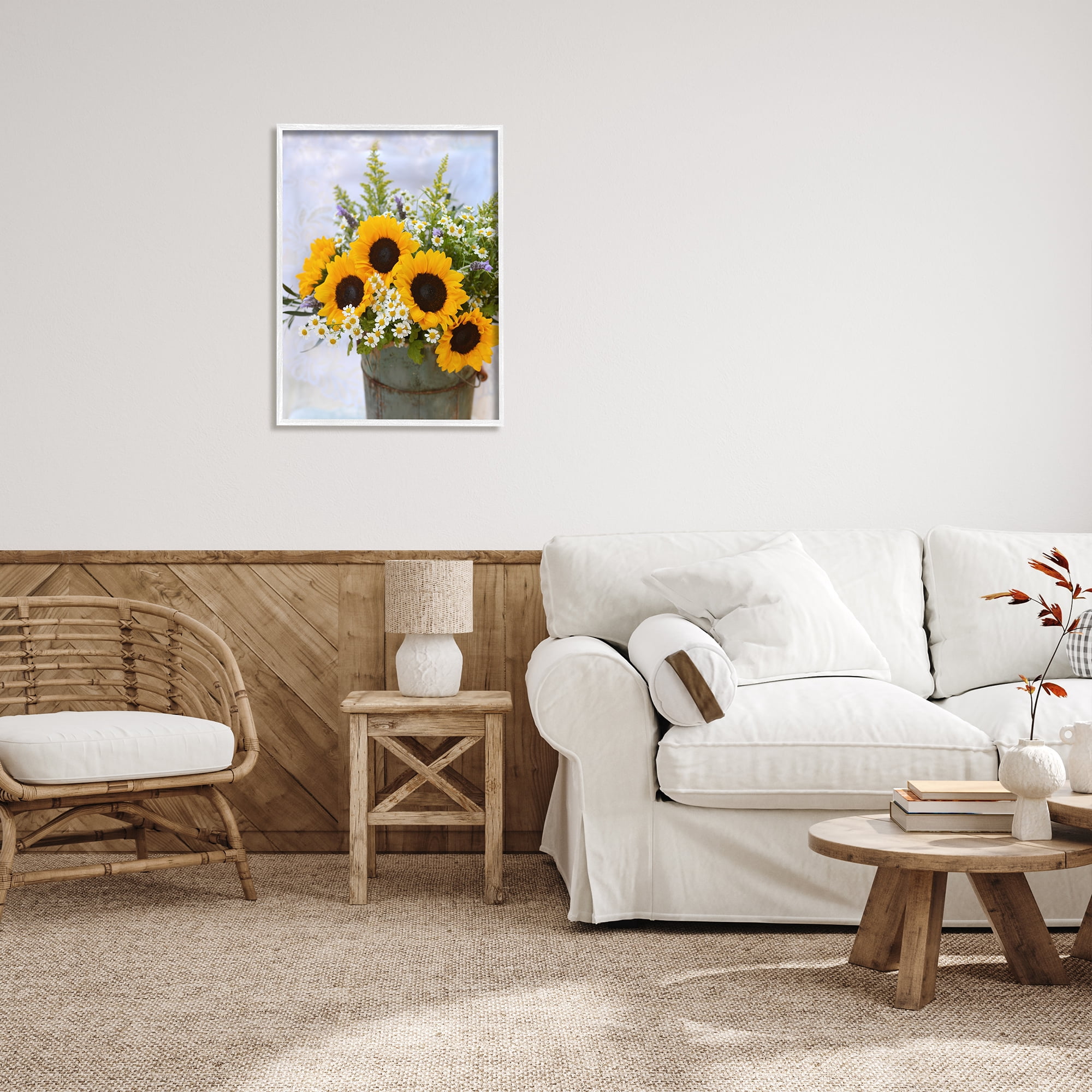 Stupell Industries Sunflower Bouquet in Tin Botanical & Floral Photography White Framed Art Print Wall Art, 24 x 30