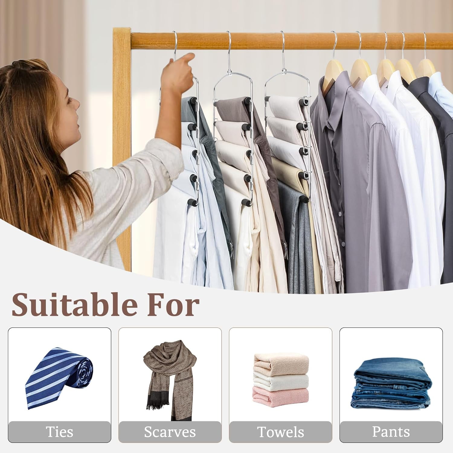 Pants Hangers Space Saving - 4Pack, 5 Layers Space Saving Hangers, Sturdy Stainless Steel Pant Rack with Anti-Slip Swing Arm, Closet Organizers and Storage for Trousers Jeans