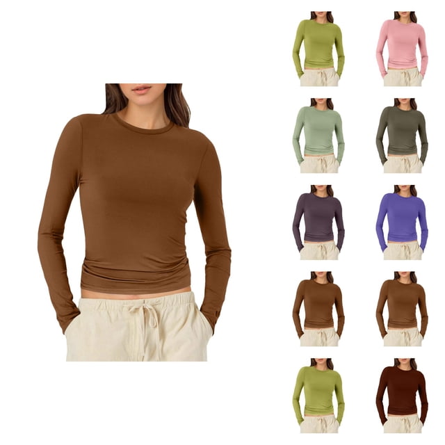 Womens Long Sleeve Tops 2026 Spring Fashionable Y2k Cropped Crewneck Fitted Tshirt Shirt Undershirt