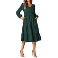 thumbnail image 4 of INSPIRE CHIC V Neck Dress for Women's Lantern Sleeve Ruffle A-Line Elegant Casual Midi Dresses L Dark Green, 4 of 6