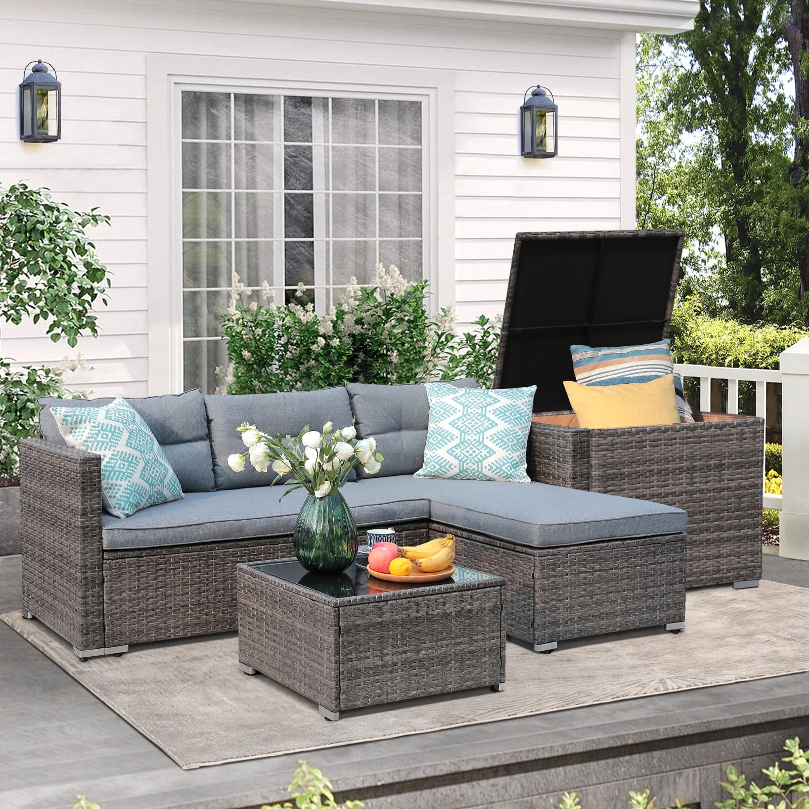 Patio Furniture Set, Outdoor Small Sectional Sofa Set with Storage Box