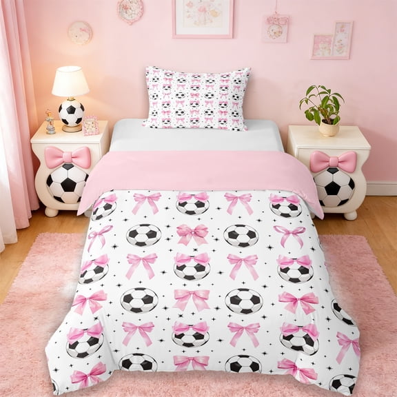 Erosebridal Cute Bow Knot Twin Bedding For Girl,Football Sport Games Ball Theme Kids Duvet Cover Set,Reversible Pink 2 Pieces,No Comforter