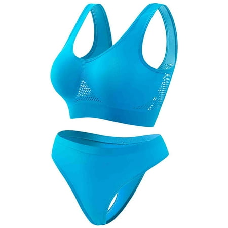 Virmaxy Womens Wirefree Sport Bras Briefs Set High Impact Workout Gym Activewear Set Workout Gathering Seamless Breathable Sports Underwear Panty Set Sky Blue M
