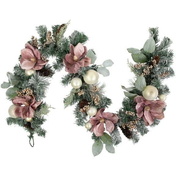 Northlight 6' Pink Floral and Ball Ornament Frosted Pine Artificial Christmas Garland