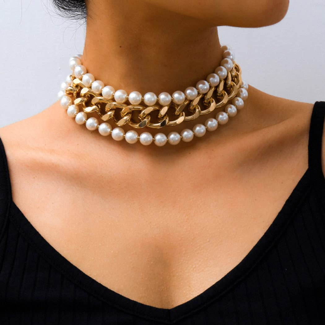 Layered Pearl Choker Necklace Gold 