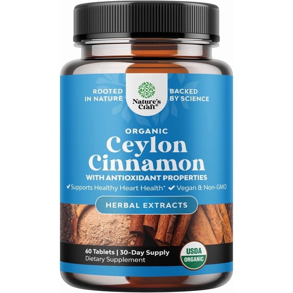 Organic Ceylon Cinnamon Extract Tablets 1000mg - Ceylon Cinnamon Organic Supplement for Immune System & Heart Health Aid - Immune Support Supplements for Adults - 60 Count